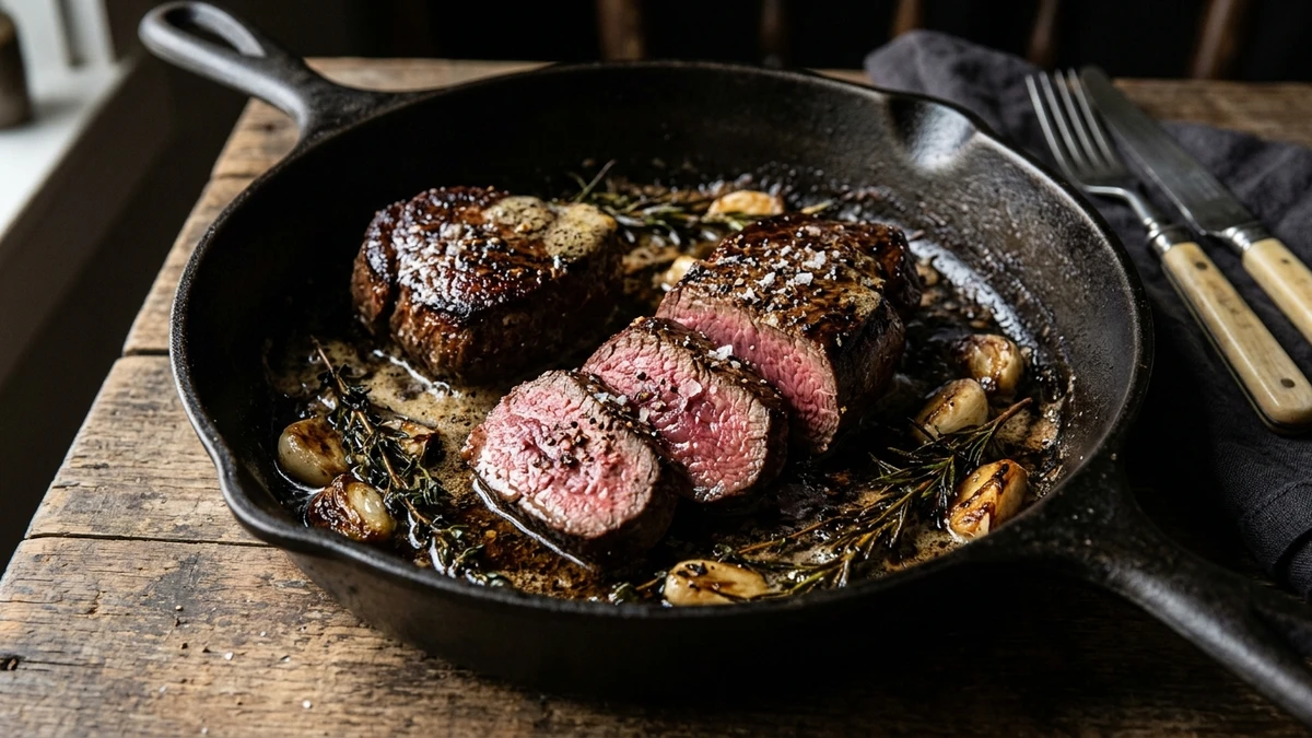 Garlic Butter Cast Iron Venison Backstrap Recipe cooked to perfection - Yumaroma
