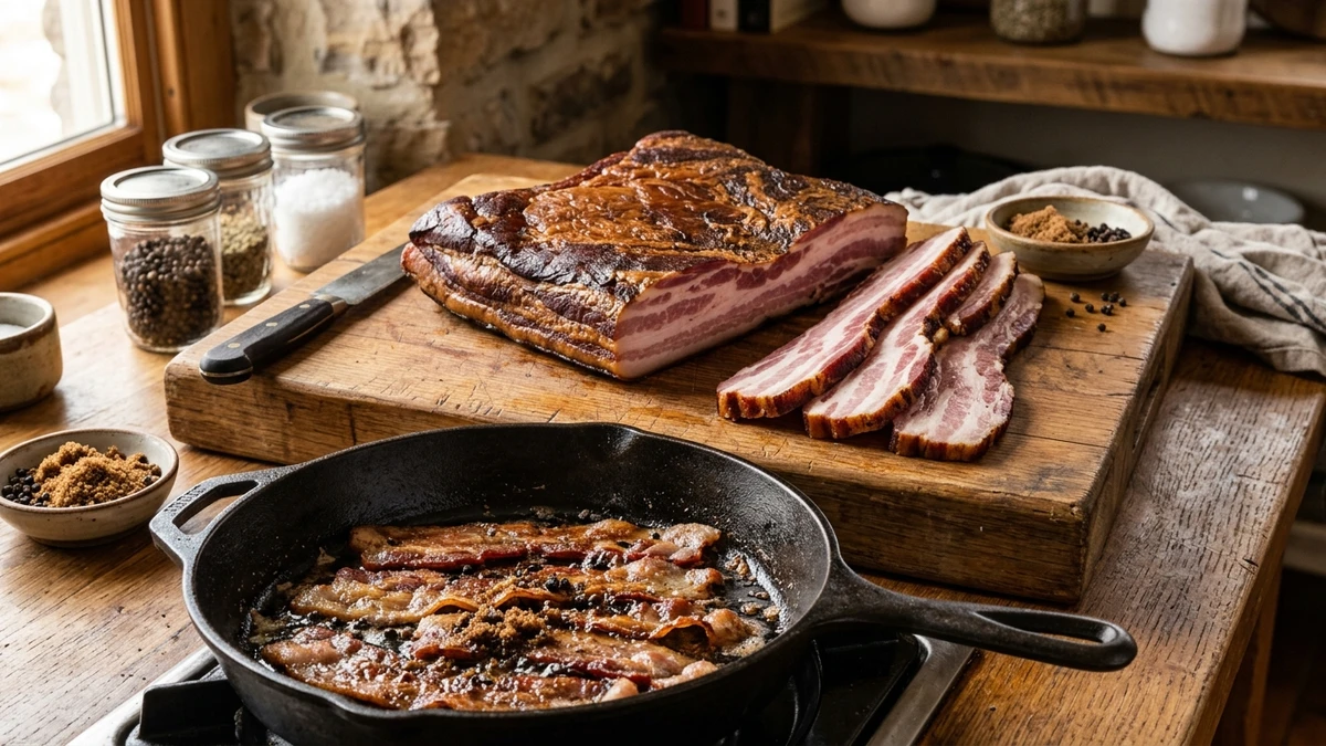 Homemade Dry Cured Bacon Recipe (Brown Sugar & Maple) cooked to perfection - Yumaroma