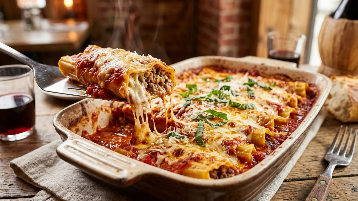 Baked Cheesy Italian Beef & Sausage Manicotti Recipe cooked to perfection - Yumaroma