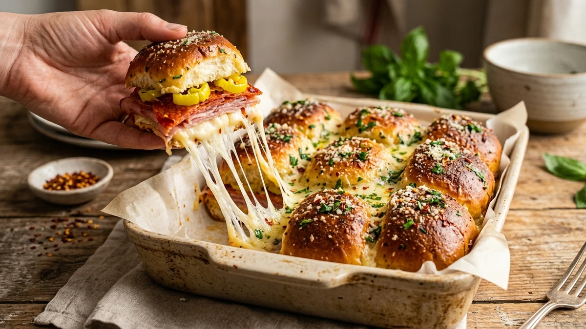 Baked Cheesy Italian Cured Meats & Provolone Sliders Recipe cooked to perfection - Yumaroma