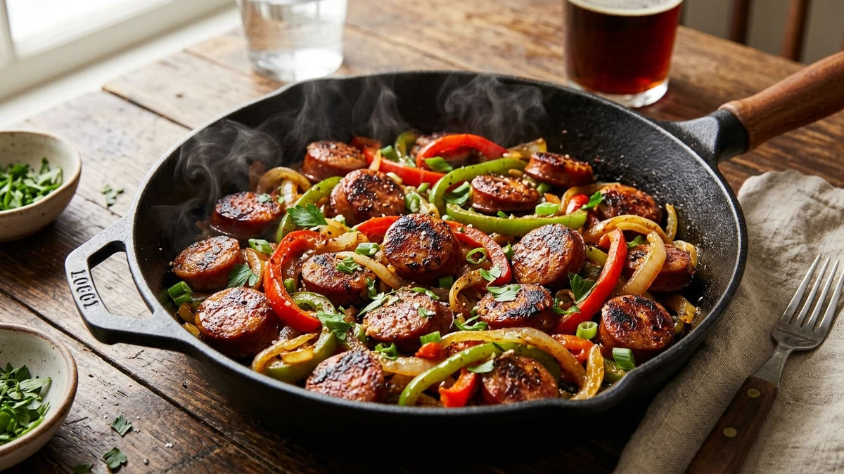Smoked Beef Sausage Skillet with Peppers & Onions cooked to perfection - Yumaroma