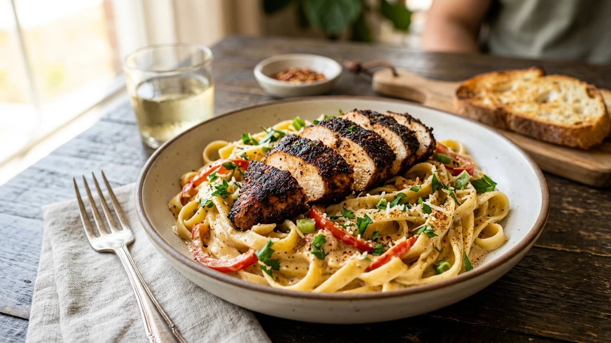Creamy Cajun Blackened Chicken Fettuccine Alfredo Recipe cooked to perfection - Yumaroma