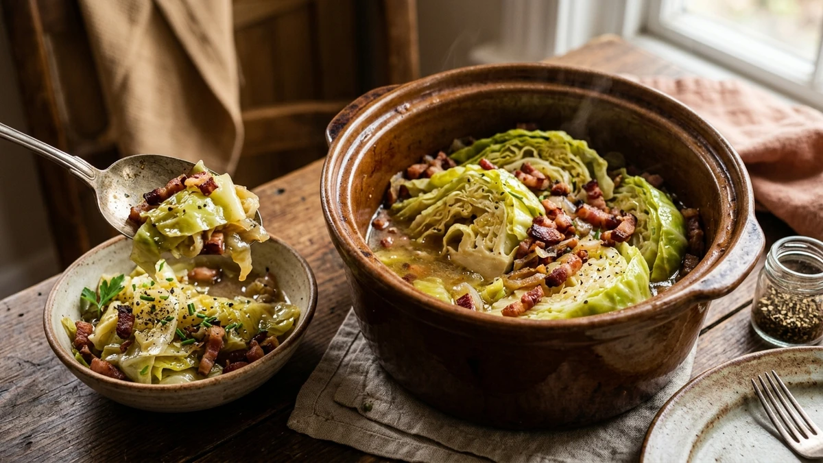 Slow Cooker Cabbage in the Crock Pot Recipe (Smoked Bacon) cooked to perfection - Yumaroma
