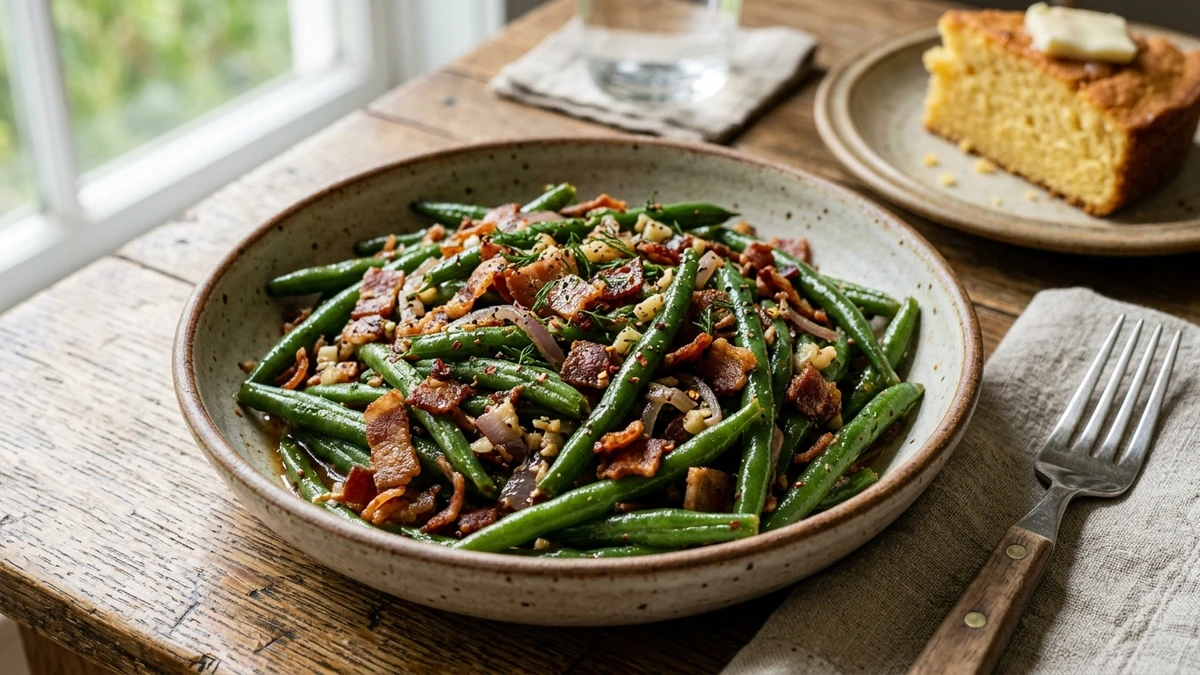 Southern Bacon & Garlic Canned Green Beans Recipe cooked to perfection - Yumaroma