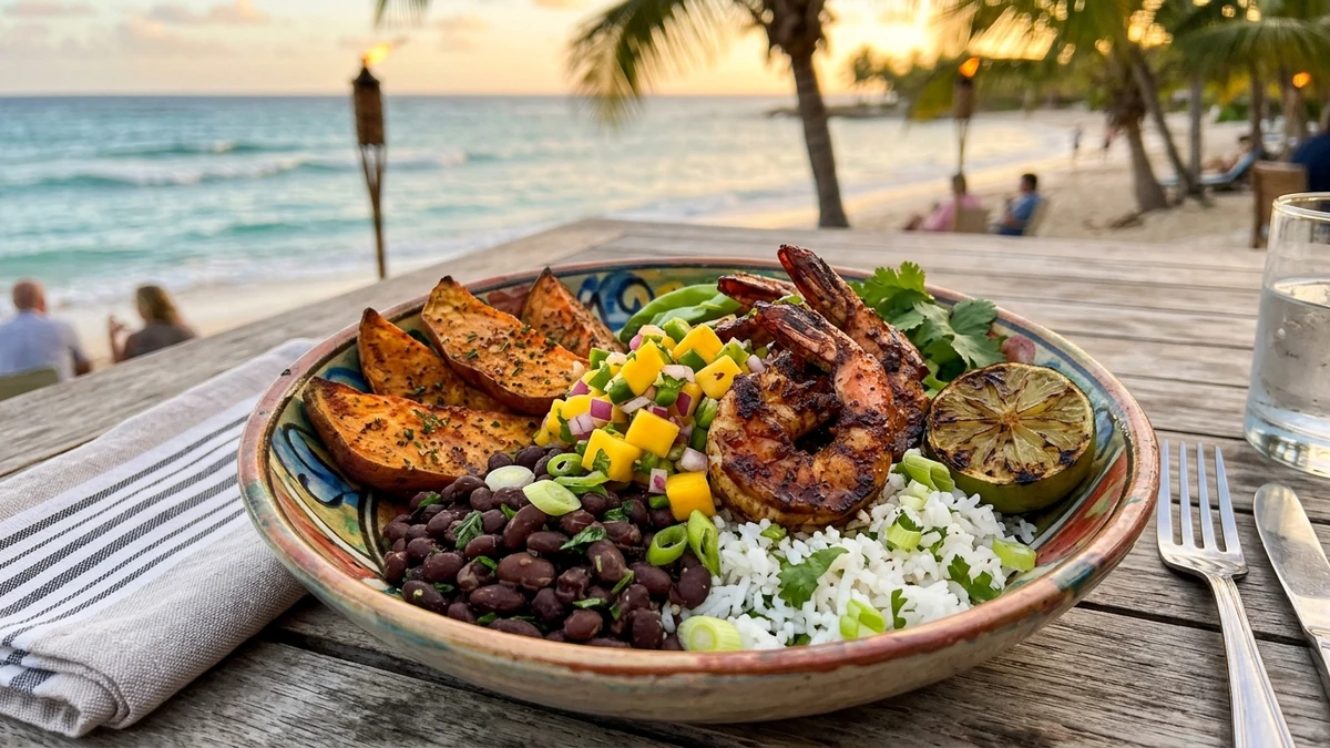 Caribbean Jerk Shrimp with Sweet Potato & Black Beans Recipe cooked to perfection - Yumaroma