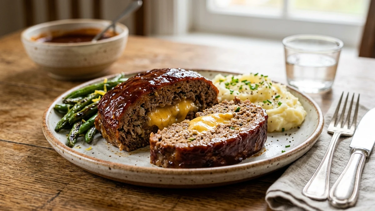 Cheddar Stuffed Juicy BBQ Glazed Cheesy Meatloaf Recipe cooked to perfection - Yumaroma