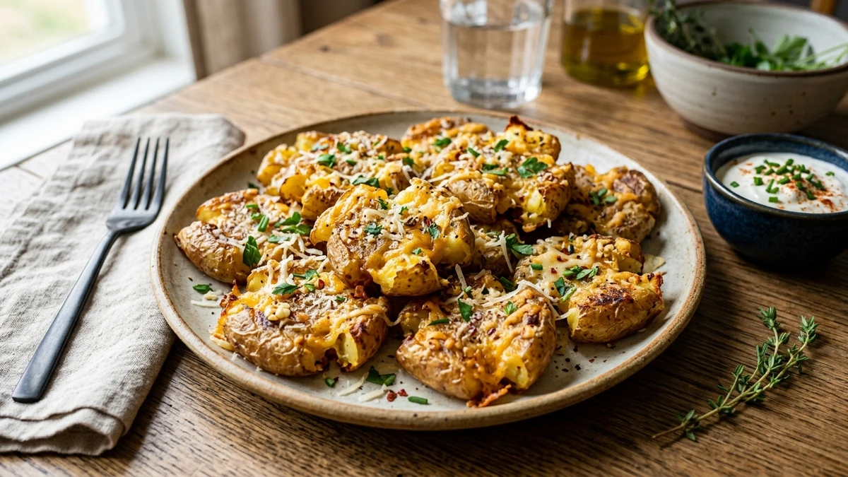 Crispy Garlic Parmesan & Cheddar Smashed Potatoes Recipe cooked to perfection - Yumaroma