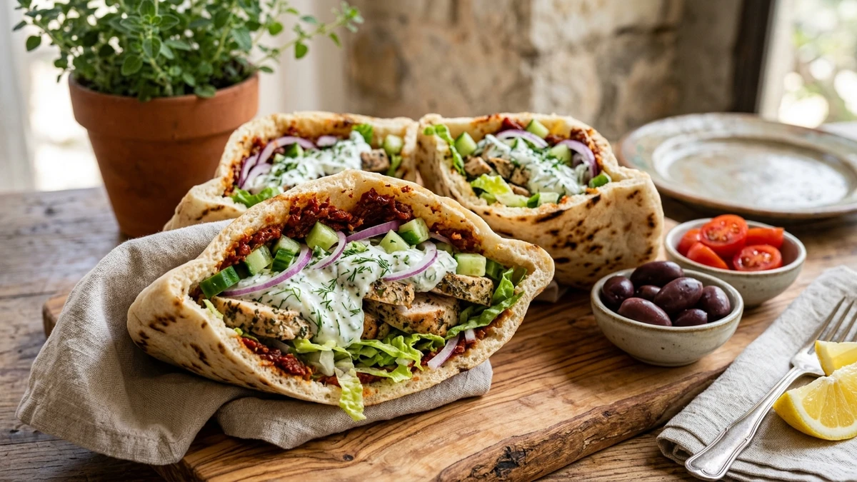Greek Chicken Pitas with Tomato Spread cooked to perfection - Yumaroma