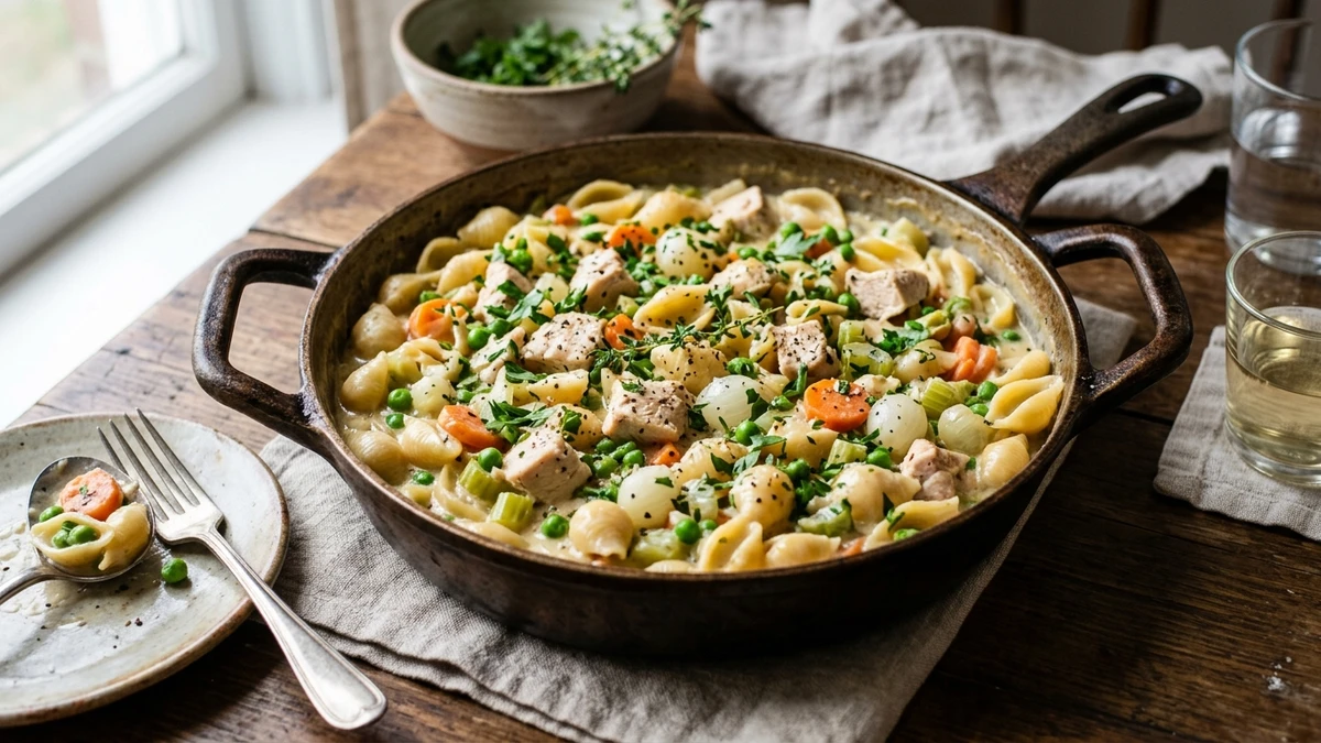 Creamy One-Pot Chicken Pot Pie Pasta Skillet Recipe cooked to perfection - Yumaroma