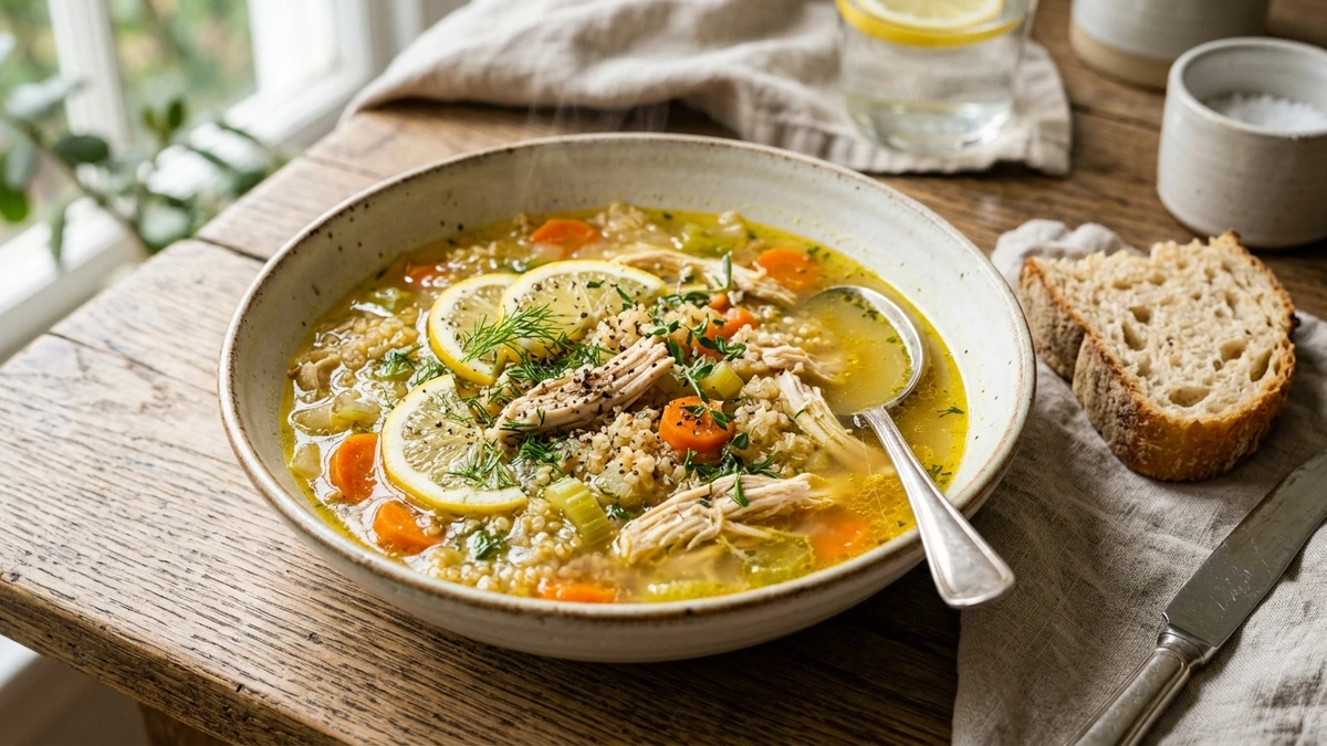 Nourishing Lemon Chicken Quinoa Soup cooked to perfection - Yumaroma