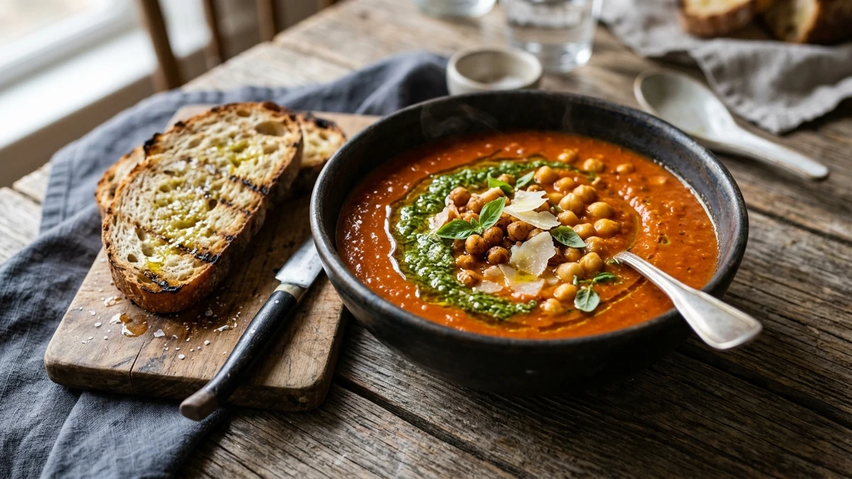 Creamy Chickpea Pesto Tomato Soup cooked to perfection - Yumaroma