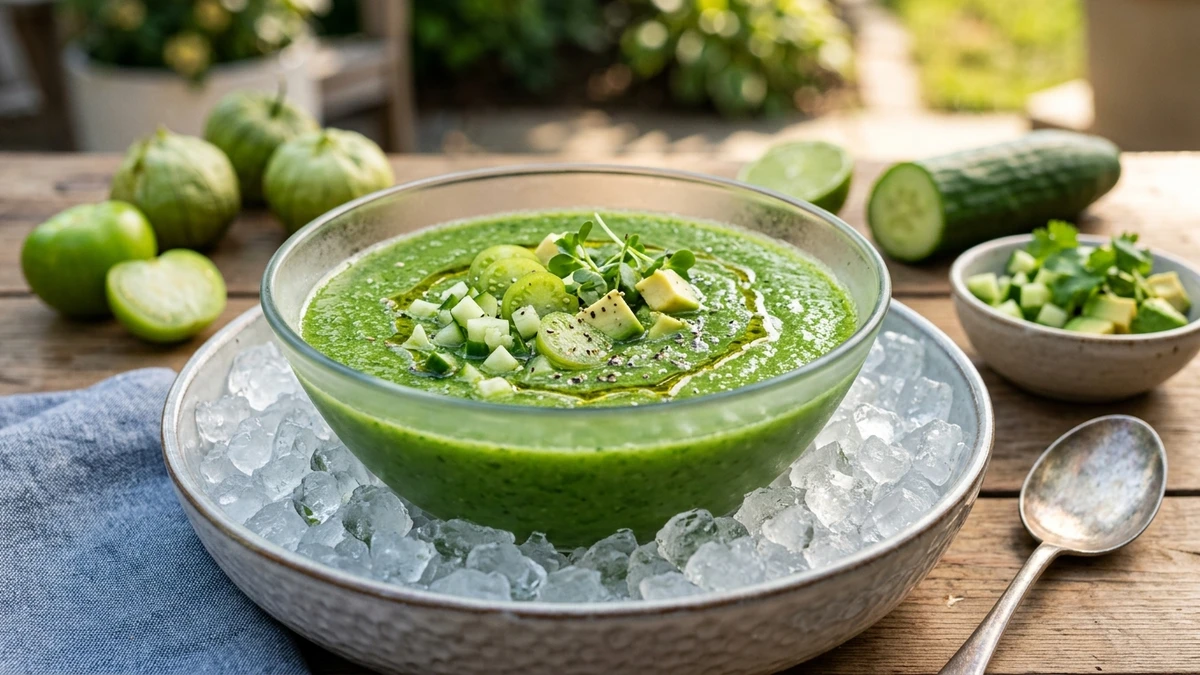 Chilled Green Tomatillo & Cucumber Gazpacho Recipe (10-Minute) cooked to perfection - Yumaroma