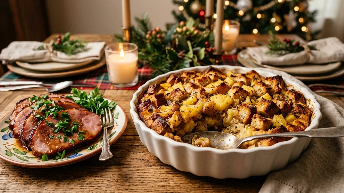 Classic Baked Sweet Pineapple Bread Stuffing Casserole Recipe cooked to perfection - Yumaroma
