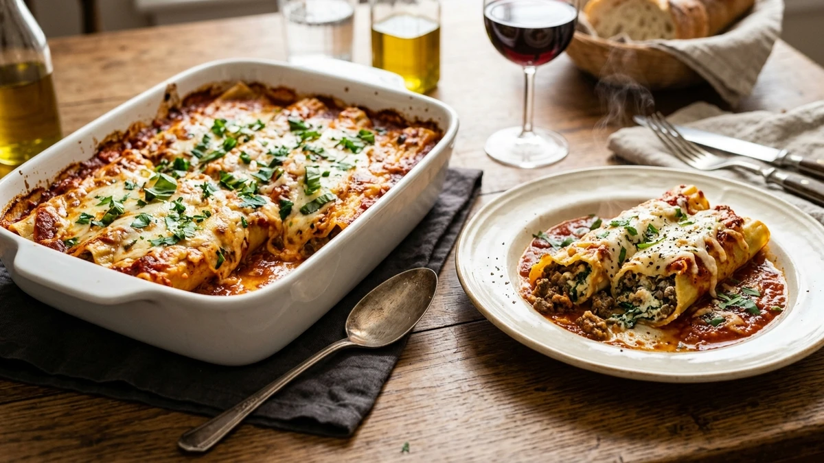 Classic Baked Beef & Three-Cheese Manicotti Recipe cooked to perfection - Yumaroma