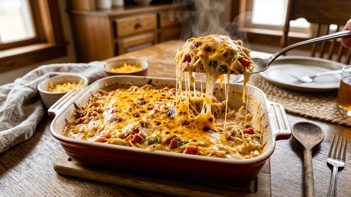 Classic Cheesy Rotel Chicken Spaghetti Casserole Recipe cooked to perfection - Yumaroma