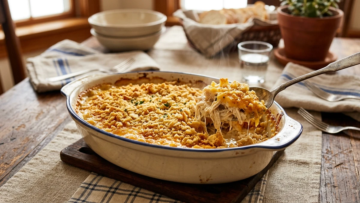 Classic Creamy Ritz Cracker Topped Chicken Casserole Recipe cooked to perfection - Yumaroma