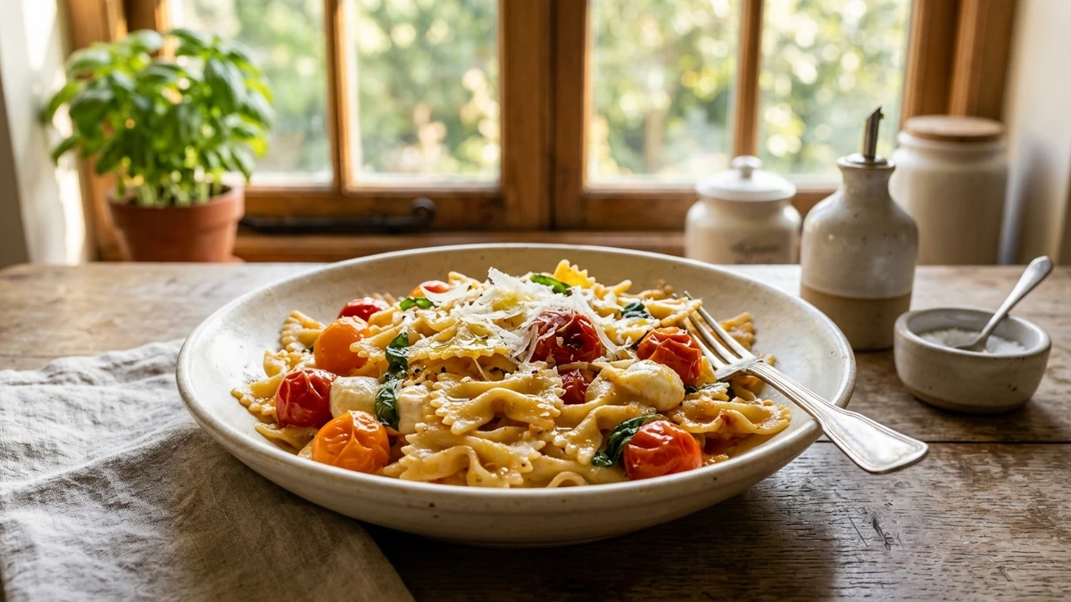 Classic Farfalle Bow Tie Pasta with Burst Cherry Tomatoes Recipe cooked to perfection - Yumaroma