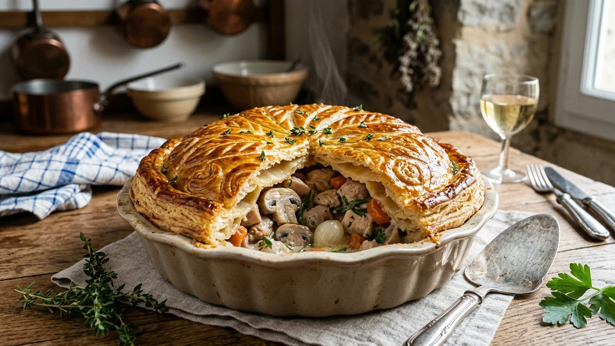 Classic French Chicken Fricassée Pot Pie Cake Recipe cooked to perfection - Yumaroma