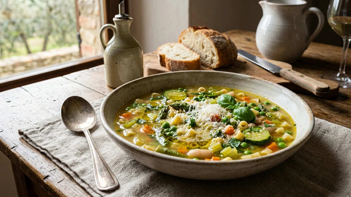 Classic Italian Spring Vegetable Minestrone Soup Recipe cooked to perfection - Yumaroma