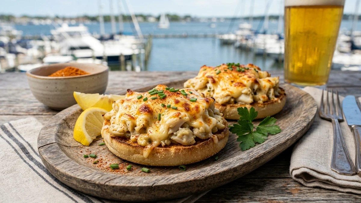 Classic Chesapeake Crab Melt Recipe on English Muffins cooked to perfection - Yumaroma