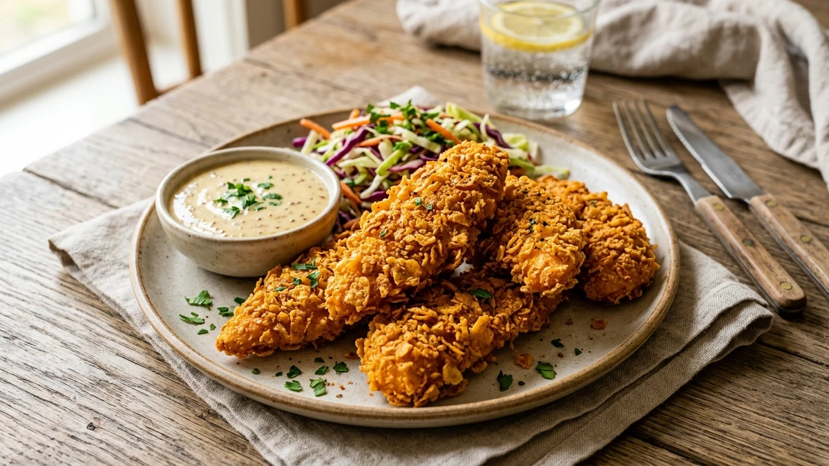 Crispy Oven-Baked Cornflake Crusted Chicken Tenders Recipe cooked to perfection - Yumaroma