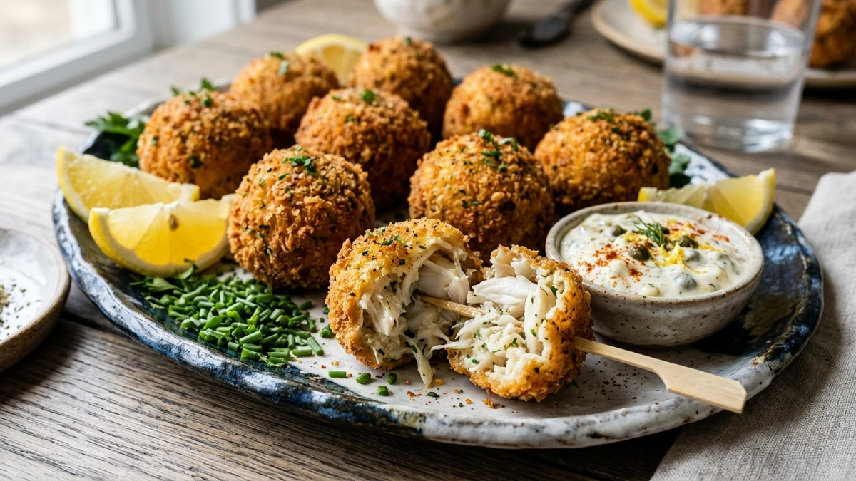 Crispy Golden Maryland Crab Balls Recipe (Lump Crab Appetizer) cooked to perfection - Yumaroma