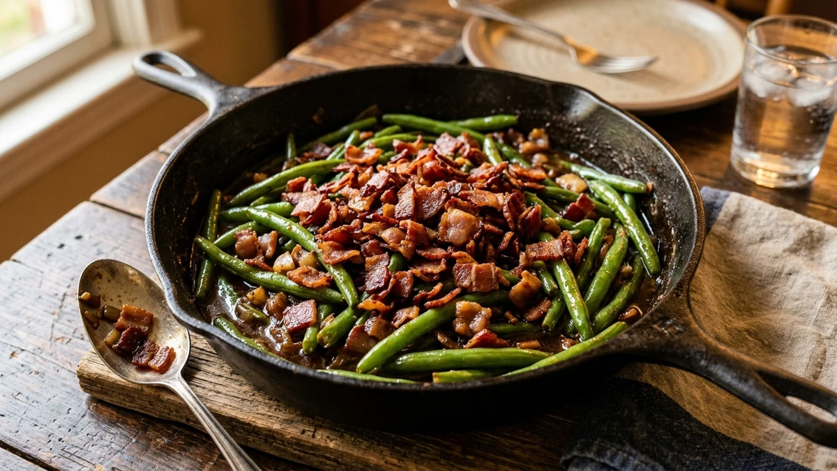 Southern Crack Green Beans Recipe (Brown Sugar & Bacon) cooked to perfection - Yumaroma