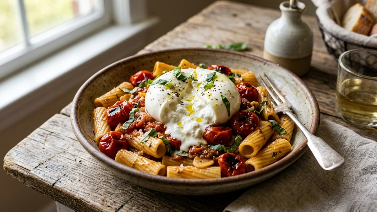 Burst Cherry Tomato & Fresh Burrata Pasta Recipe (20-Minute) cooked to perfection - Yumaroma
