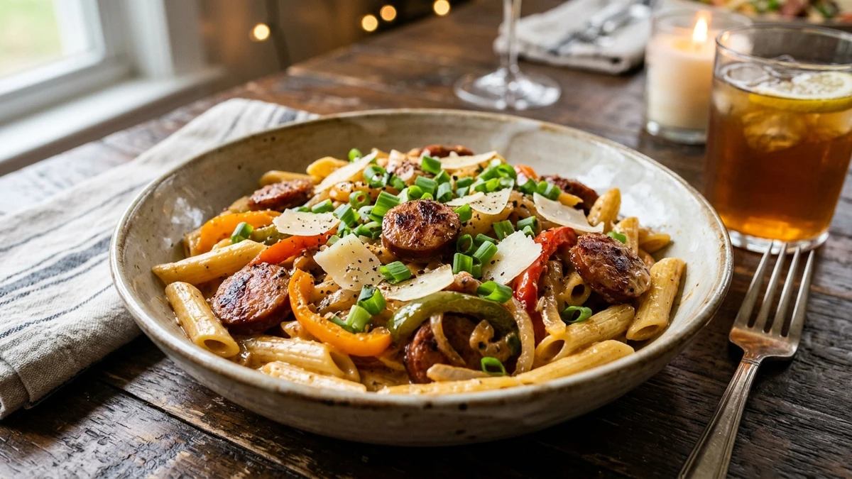 Creamy Cajun Andouille Sausage Pasta Recipe (Pastalaya) cooked to perfection - Yumaroma