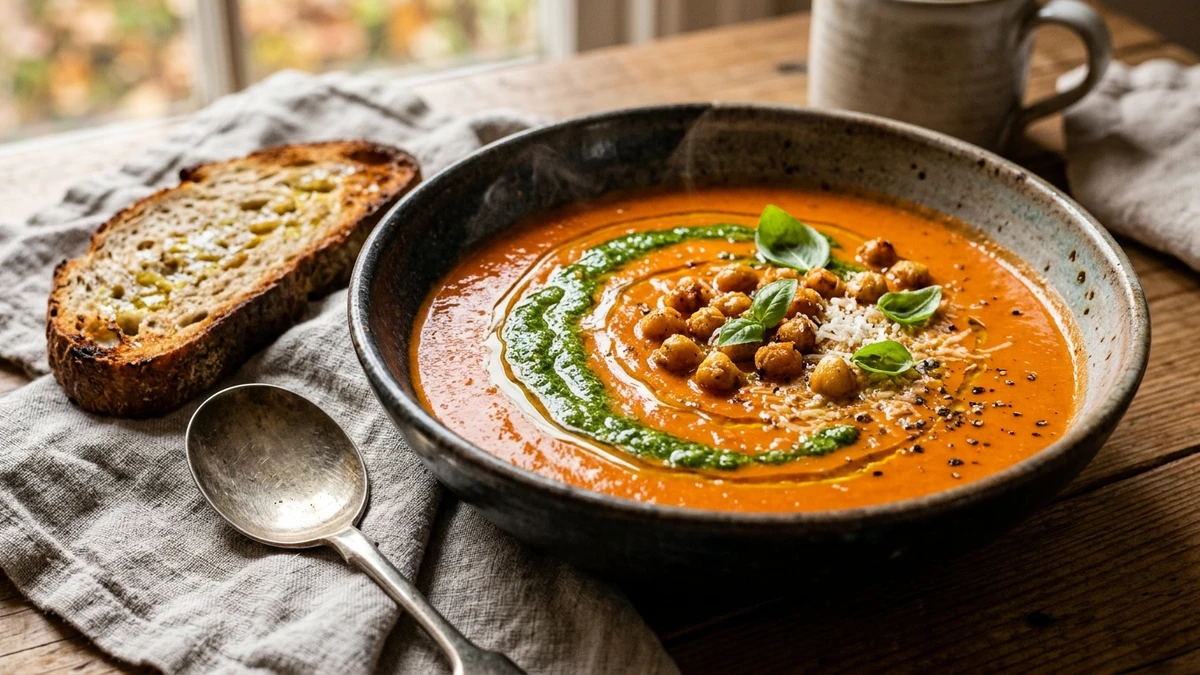 Creamy Chickpea & Basil Pesto Tomato Soup Recipe cooked to perfection - Yumaroma
