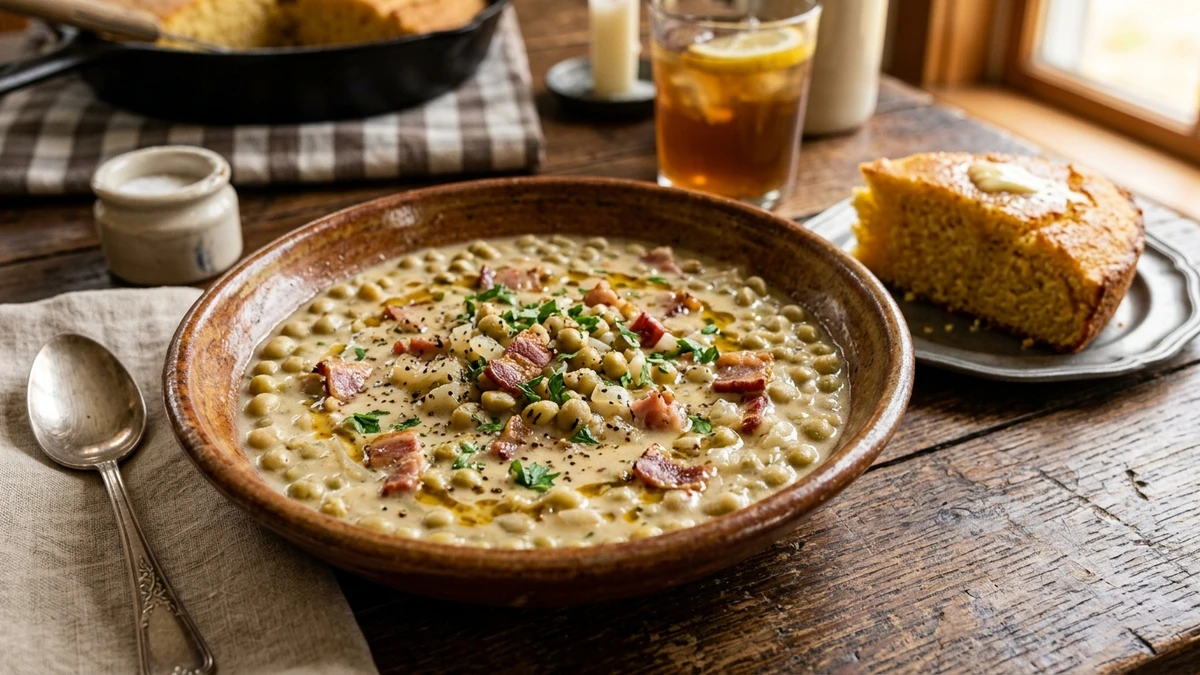 Creamy Southern Fresh Cream Peas with Bacon Recipe cooked to perfection - Yumaroma
