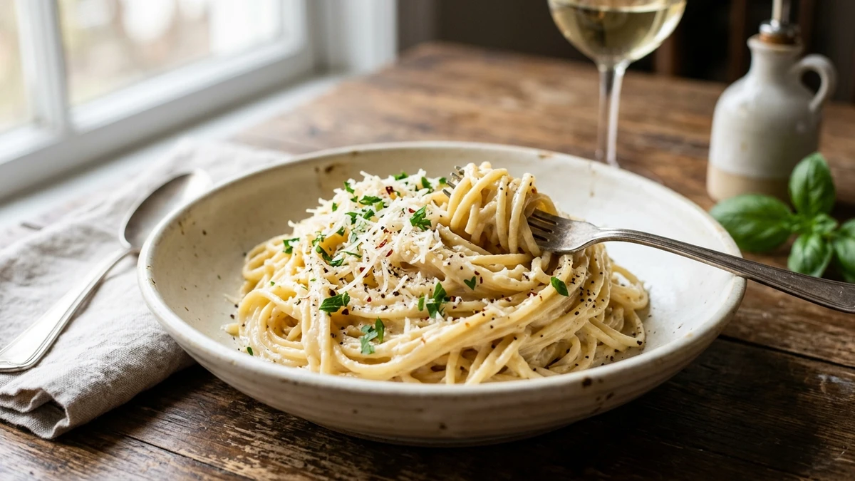Creamy Garlic Parmesan Spaghetti Recipe cooked to perfection - Yumaroma