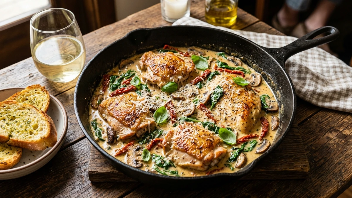 Creamy Tuscan Garlic Chicken with Spinach & Mushrooms Recipe cooked to perfection - Yumaroma