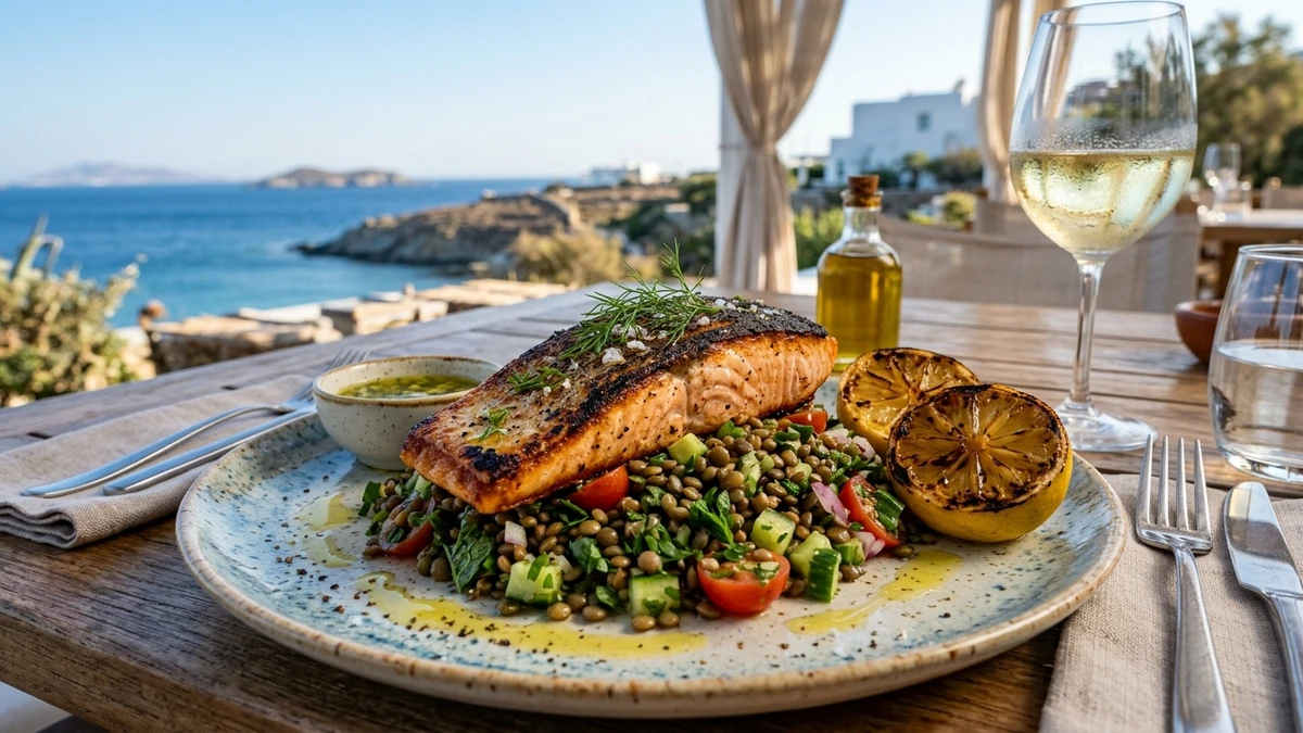 Crispy Grilled Salmon with Lemon Herb Lentil Tabbouleh Recipe cooked to perfection - Yumaroma