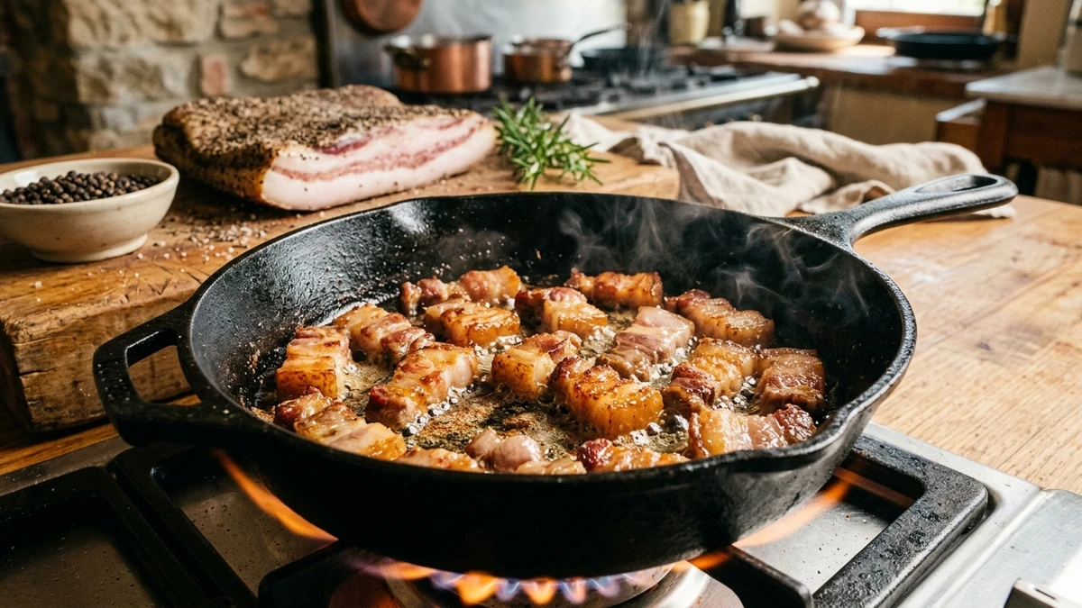 Crispy Pan-Seared Cured Pork Jowl Recipe (Guanciale Style) cooked to perfection - Yumaroma