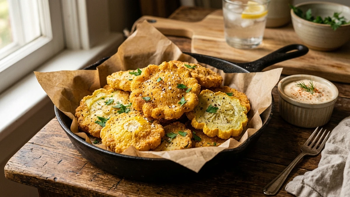 Crispy Southern Fried Pattypan Squash Saucers Recipe cooked to perfection - Yumaroma