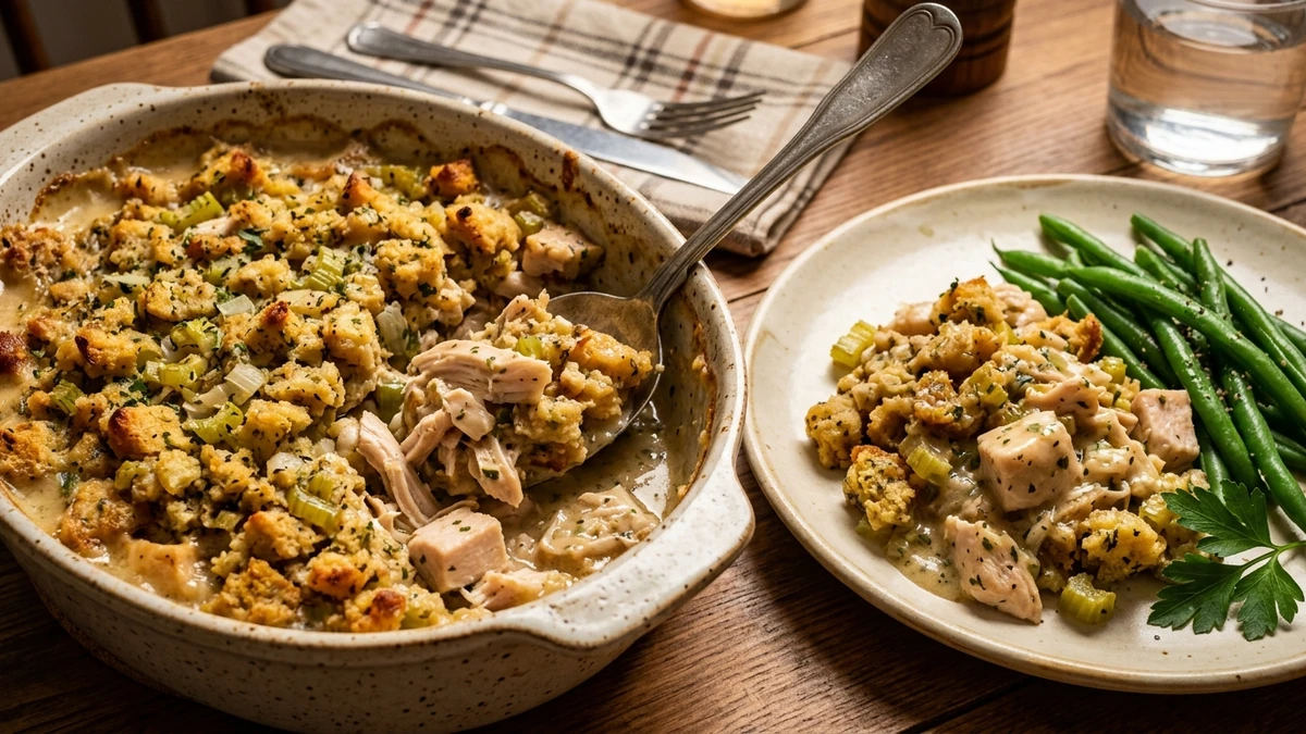 Easy Crockpot Chicken and Stuffing Recipe (Creamy Casserole) cooked to perfection - Yumaroma