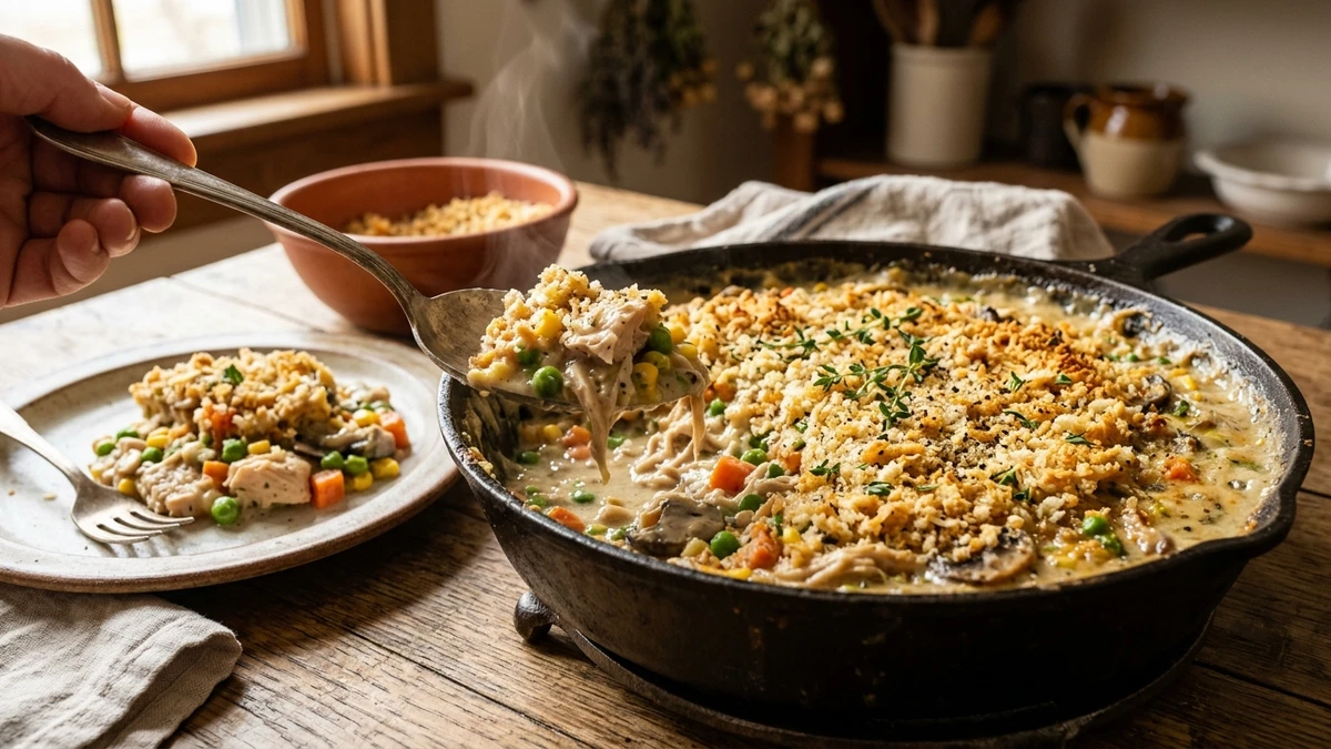 Crustless Creamy Chicken Pot Pie Skillet Recipe (Chicken Not Pie) cooked to perfection - Yumaroma