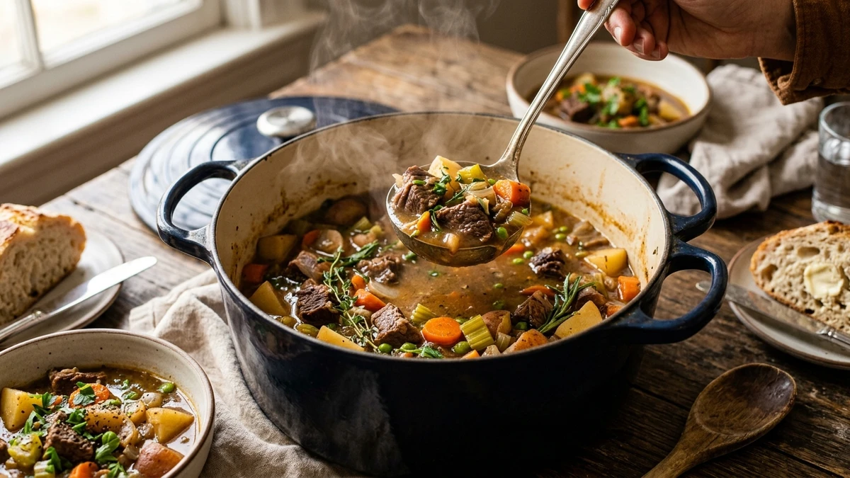 Hearty Dutch Oven Beef Vegetable Soup Stew Recipe cooked to perfection - Yumaroma