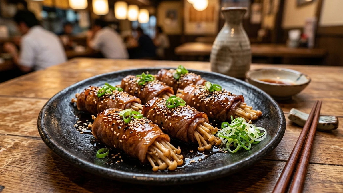 Japanese Enoki Beef Rolls with Teriyaki Glaze Recipe cooked to perfection - Yumaroma