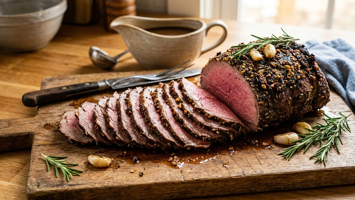 Garlic Herb Crust Roast Eye of Round Beef cooked to perfection - Yumaroma