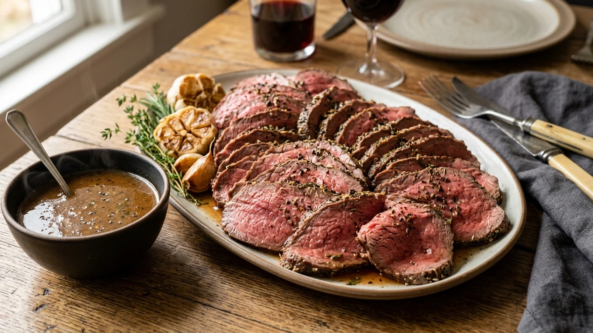 Juicy Garlic Herb Eye of Round Roast Beef Recipe cooked to perfection - Yumaroma
