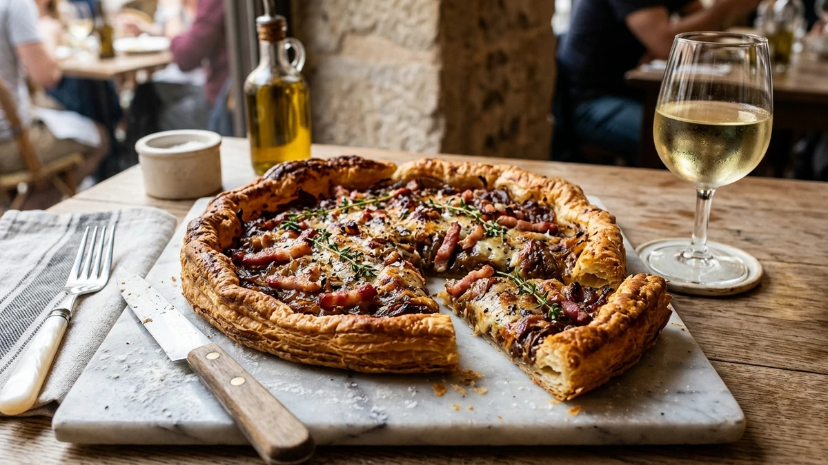 French Caramelized Onion, Gruyère & Bacon Tart Recipe cooked to perfection - Yumaroma