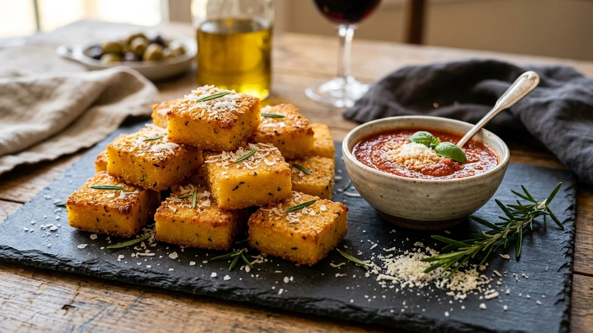 Crispy Golden Italian Fried Polenta Bites Recipe cooked to perfection - Yumaroma