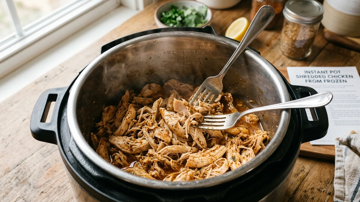 Juicy Instant Pot Shredded Chicken from Frozen Recipe cooked to perfection - Yumaroma