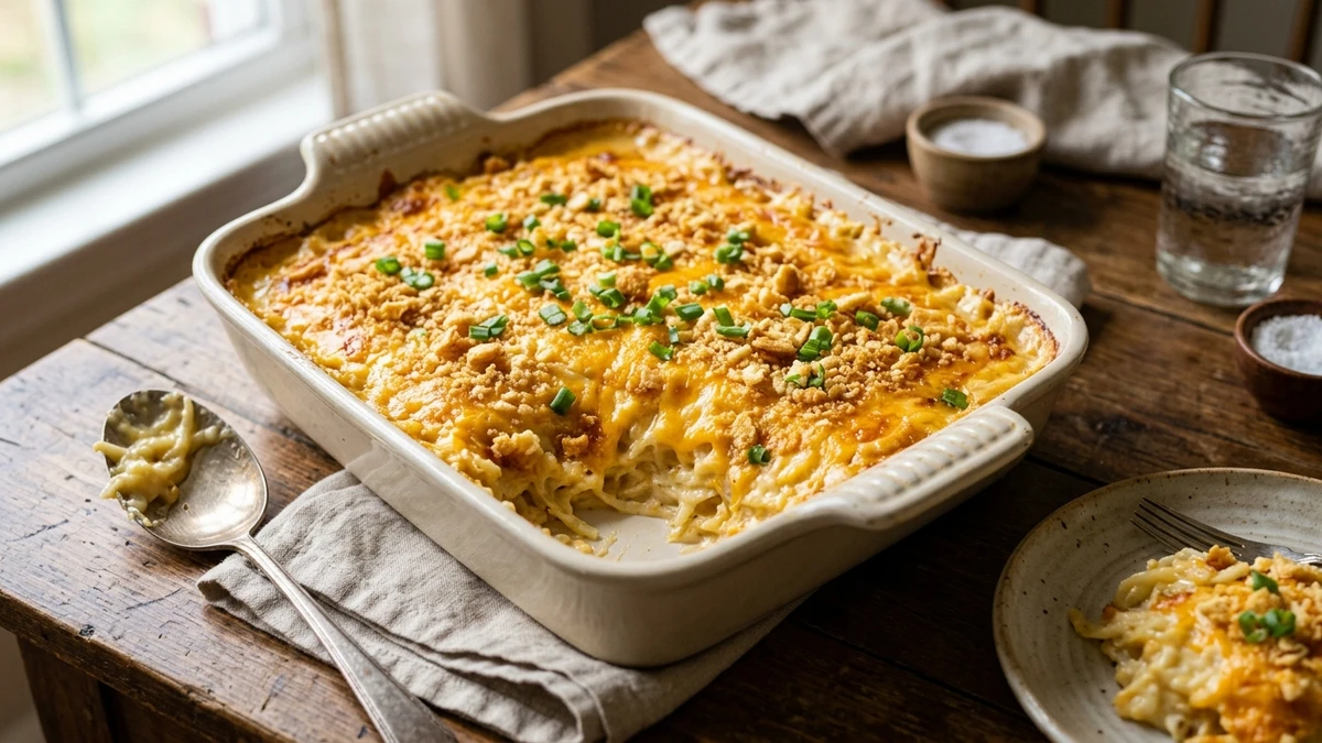 Cheesy Funeral Potatoes without Corn Flakes Recipe (Ritz Topping) cooked to perfection - Yumaroma