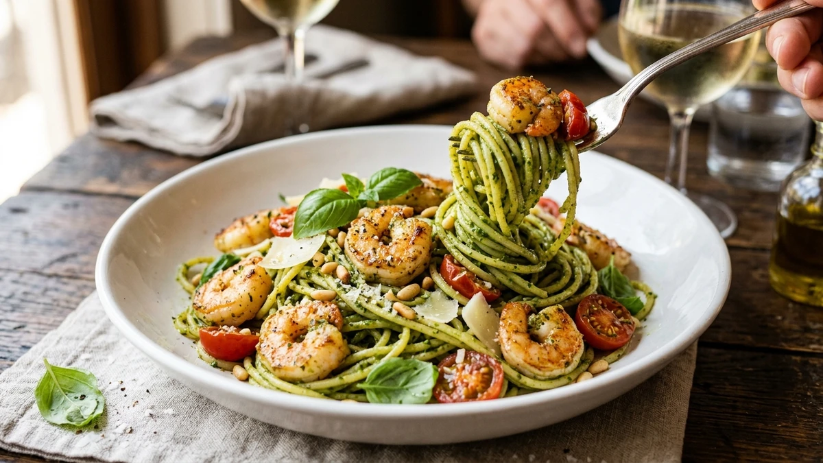 Garlic Butter Shrimp & Basil Pesto Pasta Recipe (20-Minute) cooked to perfection - Yumaroma