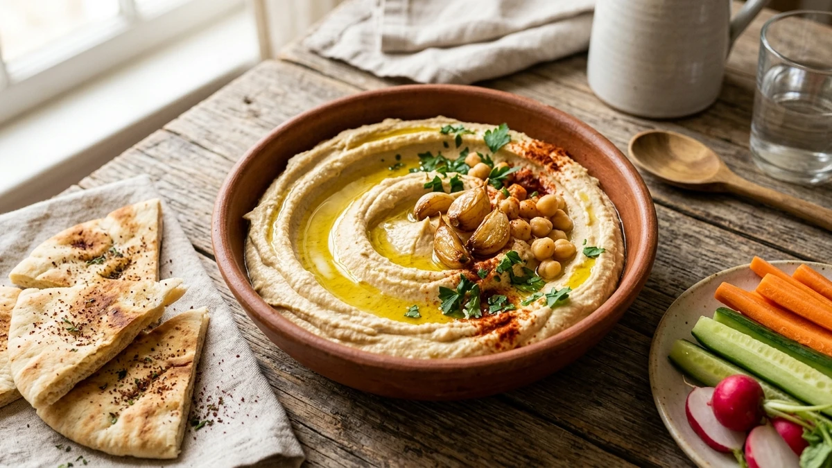 Roasted Garlic Hummus Recipe Without Tahini cooked to perfection - Yumaroma