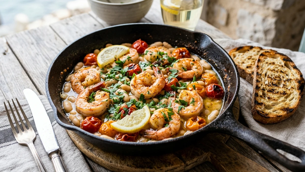 Garlic Butter Shrimp with White Beans & Burst Tomatoes