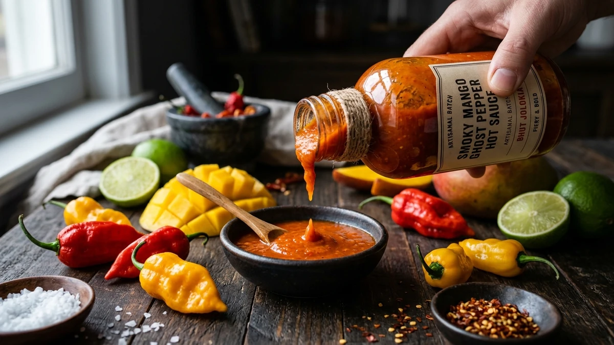 Smoky Mango Ghost Pepper Hot Sauce Recipe (Bhut Jolokia) cooked to perfection - Yumaroma